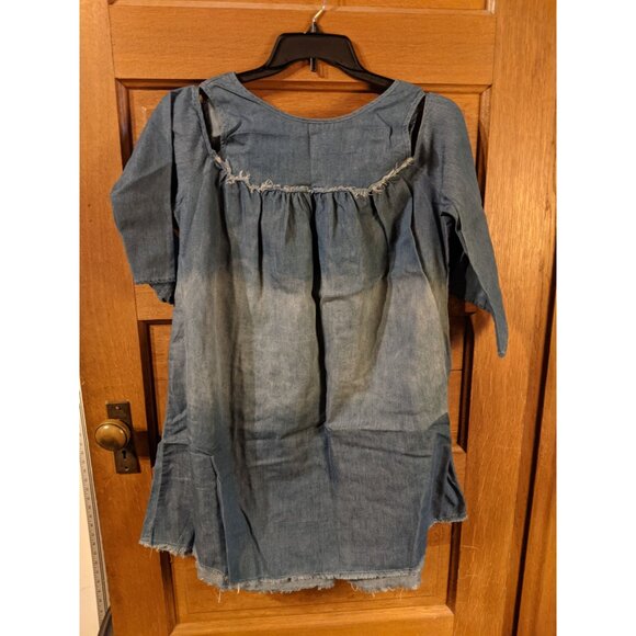 Robert Louis Tops - Robert Louis Denim Tunic Shirt Top M Blue Faded Selvage Hem Cold Shoulder